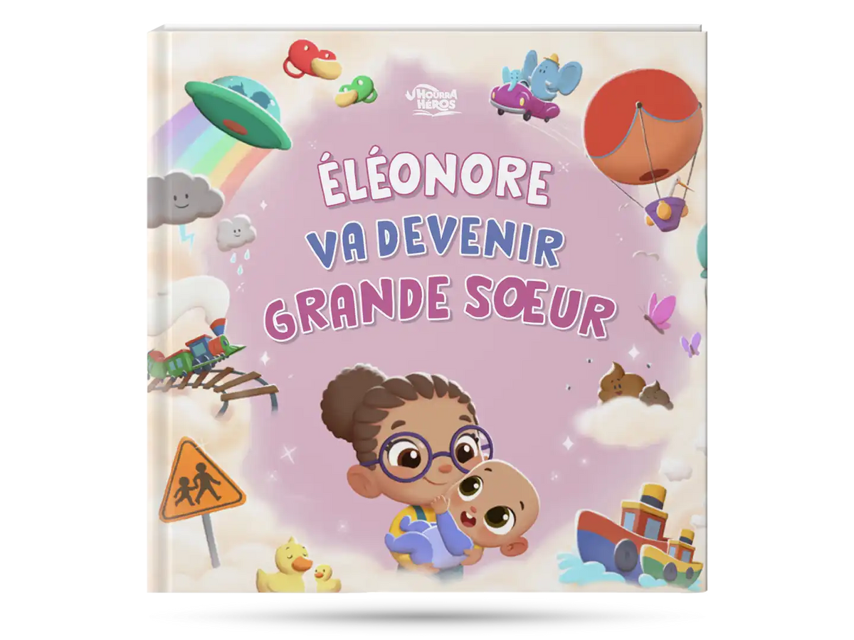 Couverture du livre personnalisé pour les grandes soeurs et leur petit frère ou soeur. Un cadeau avec 2 enfants adorables.