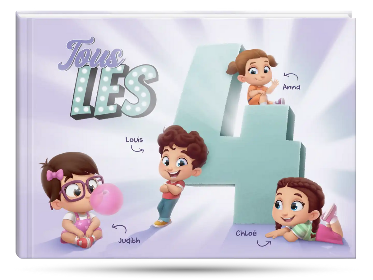 Livre personnalisé pour quatre enfants, créé par Hourra Héros.