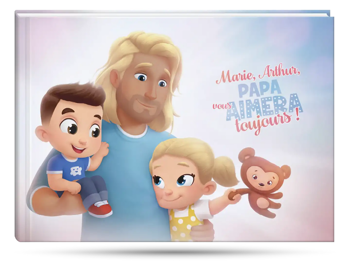 Couverture du livre personnalisé pour Papa et deux enfants, le meilleur cadeau de fête des pères.