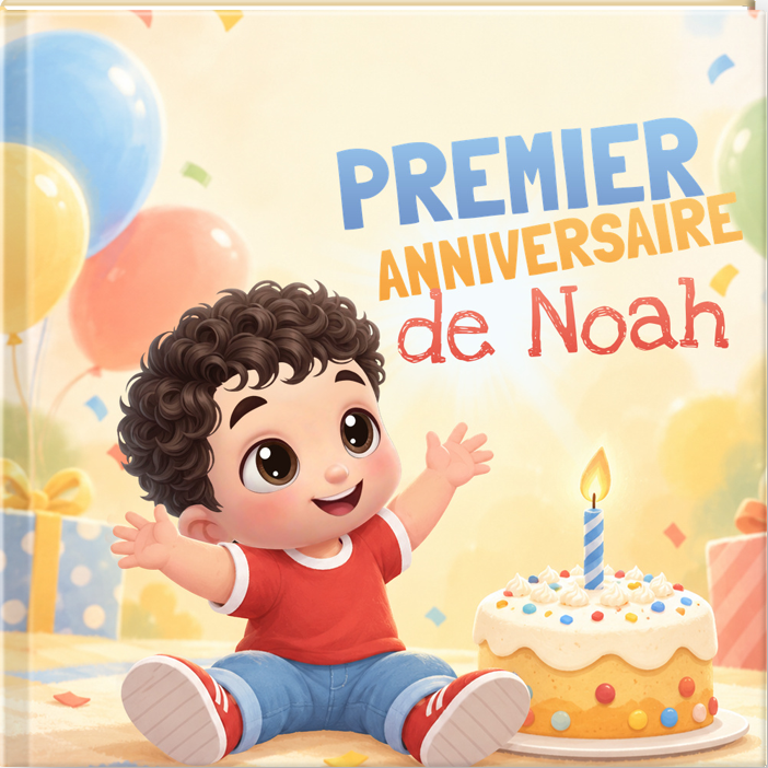 Livre du premier anniversaire avec un bébé, un gâteau et une bougie