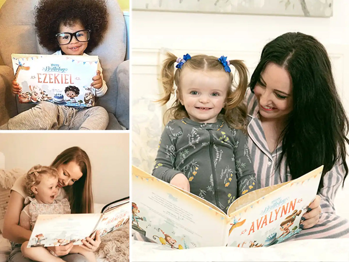 Des enfants souriants avec leurs livres d'anniversaire personnalisés.